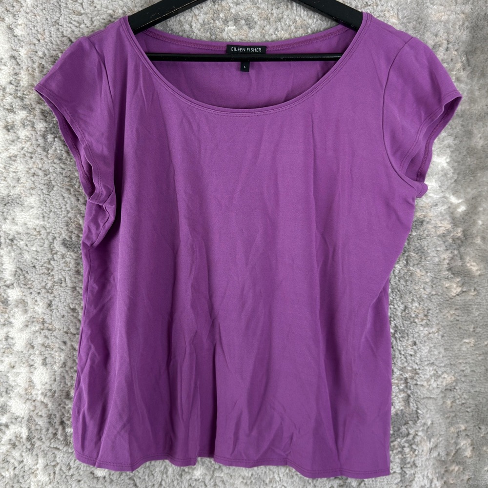 Eileen Fisher Size L Silk Knit Scoop Neck Basic Tee Top Purple Cap Sleeve Women